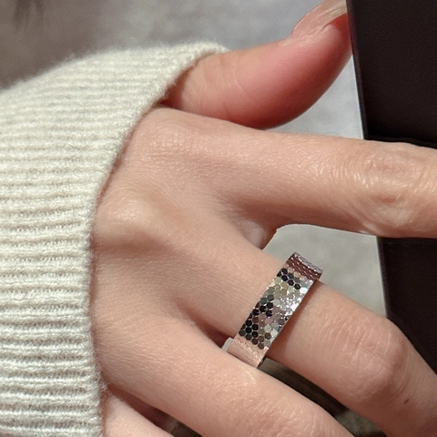 925 Sterling Silver Honeycomb Crushed Ice Ring For Women Minimalist Zirconia Inlaid Open Adjustable Wide Band Finger Ring Fashion Jewelry Gift