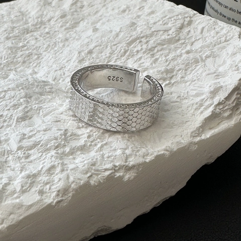 925 Sterling Silver Honeycomb Crushed Ice Ring For Women Minimalist Zirconia Inlaid Open Adjustable Wide Band Finger Ring Fashion Jewelry Gift