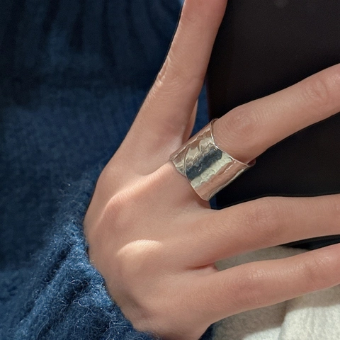 925 Sterlingsilber Breiter Gehämmerter Ring Retro Handgefertigt Unregelmäßig Geometrisch Verstellbarer Offener Fingerring Damen Schmuck