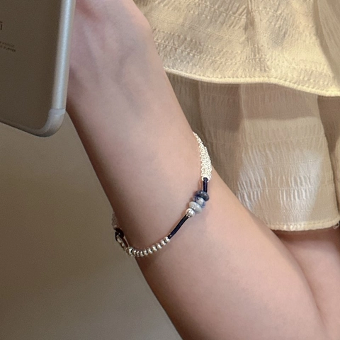 Pulsera Multicapa de Plata de Ley S925 con Piedra Natural para Mujer Cuentas Geométricas Cuerda Tejida Joyería