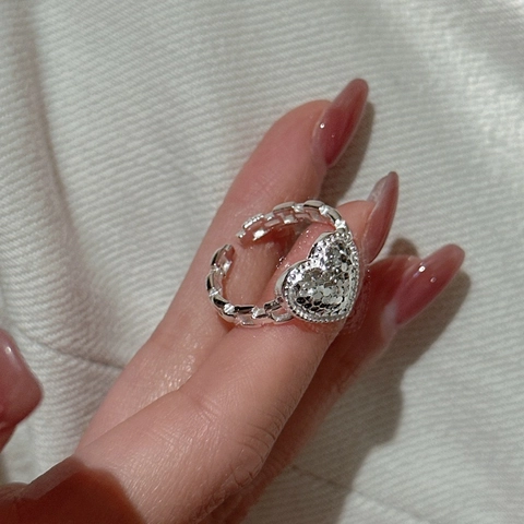 925 Sterling Silver Heart Open Ring For Women Korean Style Simple Adjustable Chain Band Rhinestone Inlaid Niche Design Ring