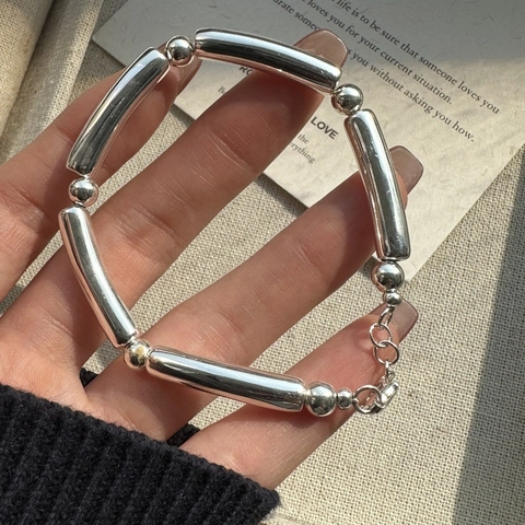 925 Sterlingsilber Armband Für Damen Minimalistisch Bambusrohr Rundperle Koreanischer Stil Verstellbare Kette Mode Retro Schmuck