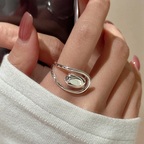 Anello Aperto Regolabile in Argento Sterling 925 per Donna Minimalista in Stile Metallo Liquido Irregolare Ovale Geometrico Gioielli