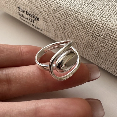 Anello Aperto Regolabile in Argento Sterling 925 per Donna Minimalista in Stile Metallo Liquido Irregolare Ovale Geometrico Gioielli