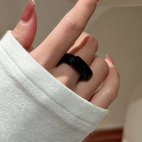 Anello in Agata Nera Minimalista per Donna Stile Coreano Retrò Geometrico con Parte Superiore Piatta Gioielli alla Moda