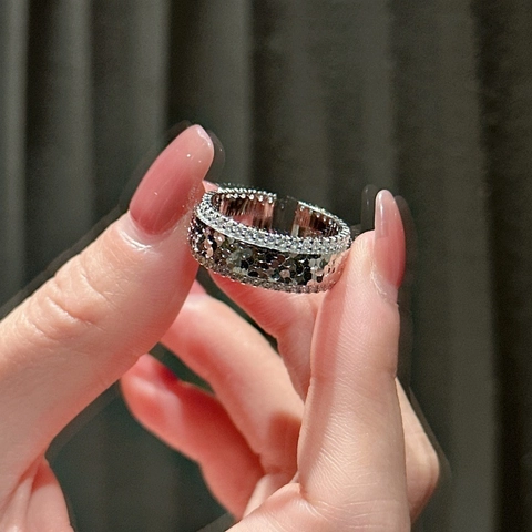 S925 Sterling Silver Zirconia Adjustable Opening Ring Hammered Texture Korean Niche Style Minimalist Wide Band Jewelry For Women