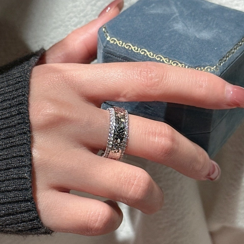 S925 Sterling Silver Zirconia Adjustable Opening Ring Hammered Texture Korean Niche Style Minimalist Wide Band Jewelry For Women