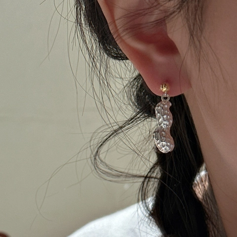 S925 Sterling Silver Peanut Stud Earrings Vintage Bicolor Textured Minimalist Good Luck Fashion Jewelry Gift For Women