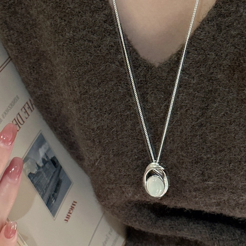 Vintage 925 Sterling Silver White Agate Pendant Necklace French Minimalist Geometric Clavicle Chain For Women Jewelry