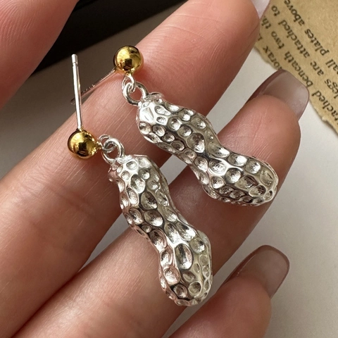 S925 Sterling Silver Peanut Stud Earrings Vintage Bicolor Textured Minimalist Good Luck Fashion Jewelry Gift For Women