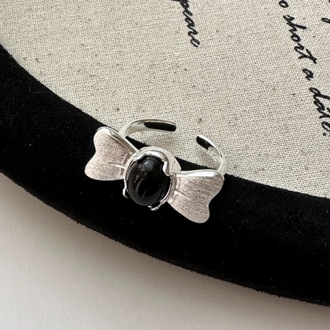 Anillo Abierto de Plata de Ley S925 Vintage para Mujer Ala de Mariposa Cepillada Ágata Negra Anillo Ajustable