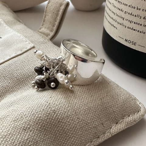 Vintage 925 Sterling Zilver Brede Open Ring Voor Vrouwen Beaded Kunstparel Kwastje Verstelbare Mode Vinger Ring