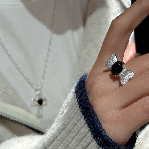 Anillo Abierto de Plata de Ley S925 Vintage para Mujer Ala de Mariposa Cepillada Ágata Negra Anillo Ajustable