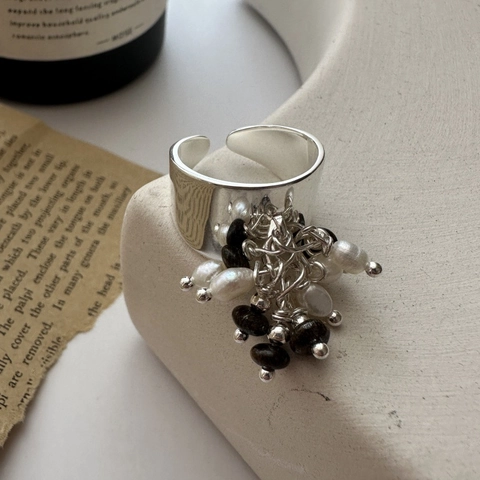 Vintage 925 Sterling Zilver Brede Open Ring Voor Vrouwen Beaded Kunstparel Kwastje Verstelbare Mode Vinger Ring
