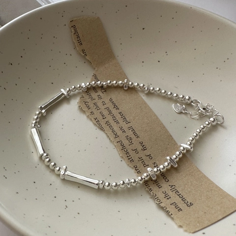S925 Sterling Silver Beaded Bracelet For Women Retro Minimalist Design Geometric Tube Heart Charm Adjustable Jewelry