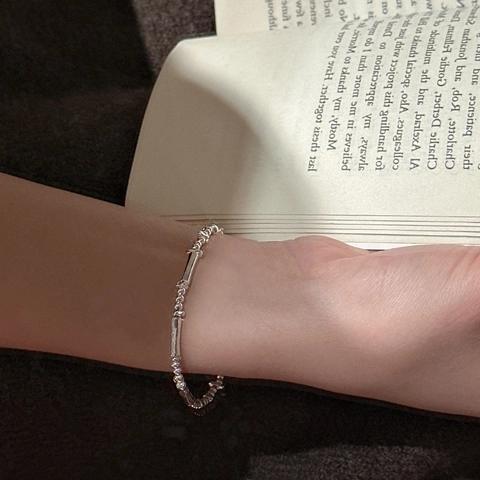 S925 Sterling Silver Beaded Bracelet For Women Retro Minimalist Design Geometric Tube Heart Charm Adjustable Jewelry
