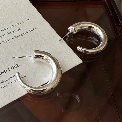 S925 Sterling Silver Chunky Hoop Earrings For Women Minimalist C Shaped Geometric Hollow Earrings Polished Silver Post Jewelry