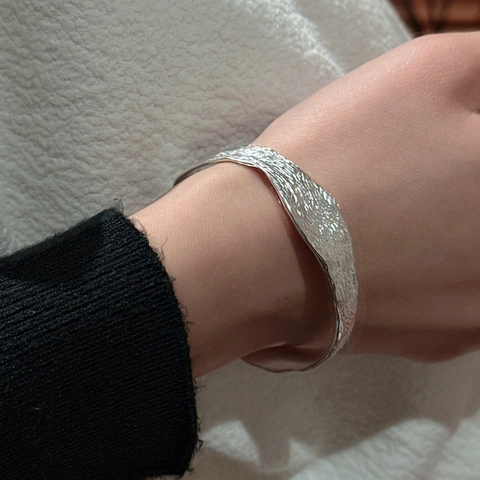 925 Sterling Silver Open Cuff Bracelet For Women Vintage Irregular Lava Texture Adjustable Designer Fashion Hand Jewelry Daily Gift