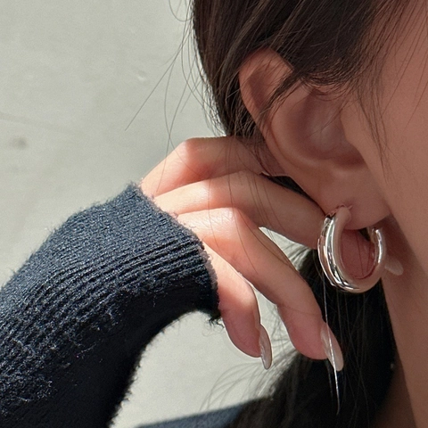 S925 Sterling Silver Chunky Hoop Earrings For Women Minimalist C Shaped Geometric Hollow Earrings Polished Silver Post Jewelry