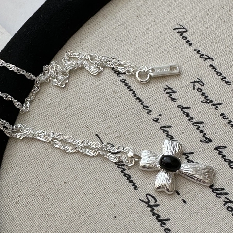 Collana Croce in Argento Sterling 925 da Donna Ciondolo con Fiocco e Strass Nero Vintage Catena a Corda Intrecciata Regalo Gioielli