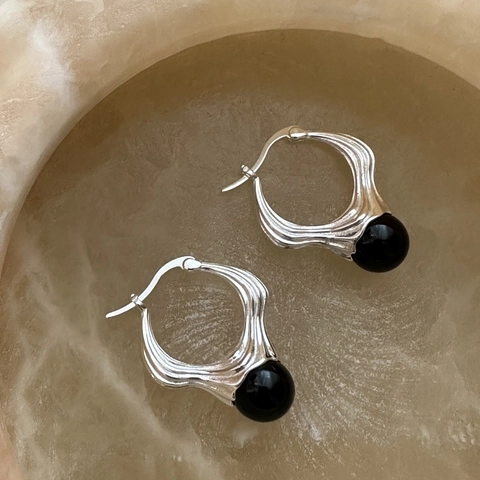 925 Sterling Silver Irregular Liquid Wave Drop Earrings For Women Minimalist Black Agate Dangle Earrings Jewelry Gift