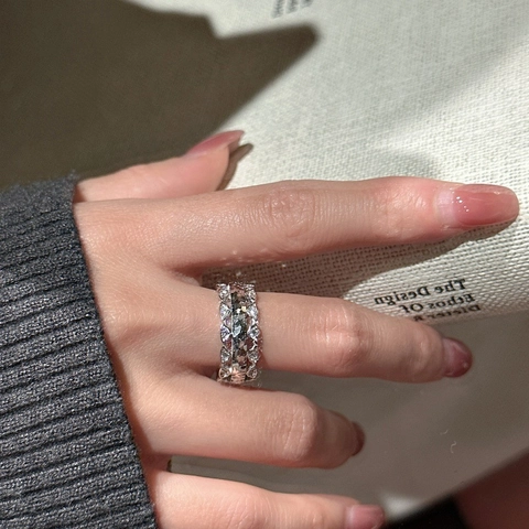 S925 Sterling Silver Hollow Open Ring For Women Minimalist Crushed Ice Rhinestone Inlaid Geometric Wave Finger Ring Jewelry
