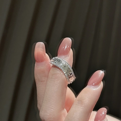 925 Sterling Silver Wavy Open Ring Elegant Ice-Crackle Texture Double Row Rhinestone Adjustable Wide Finger Ring For Women Jewelry Gift