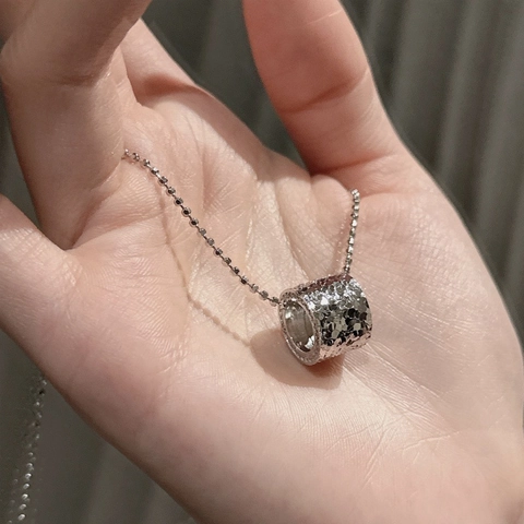 S925 Sterling Silber Gehämmerte Zylinder Anhänger Halskette Für Damen Minimalistische Strass Perlenkette Choker Schmuck