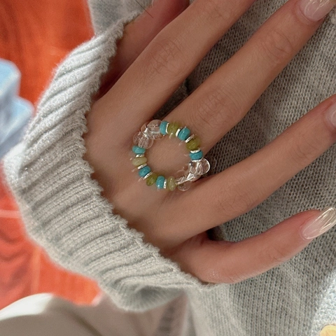 Vintage S925 Sterling Silver Beaded Ring For Women Colorful Turquoise Glass Beads Elastic Finger Ring Bohemian Jewelry Gift