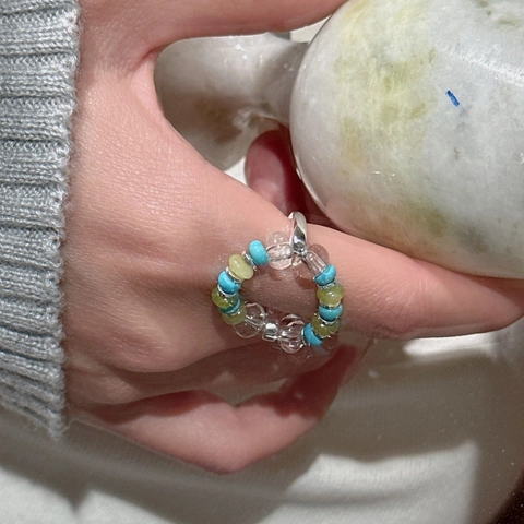 Vintage S925 Sterling Silver Beaded Ring For Women Colorful Turquoise Glass Beads Elastic Finger Ring Bohemian Jewelry Gift