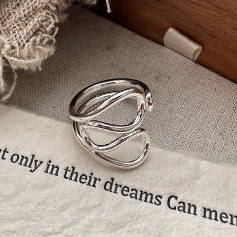 Bague Ouverte Réglable en Argent Sterling S925 pour Femme Minimaliste Multi-Couches Ondulée Irrégulière Design de Niche Bijoux