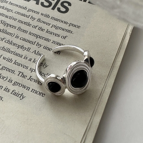 S925 Sterling Silver Adjustable Open Ring With Black Agate Geometric Vintage Minimalist Jewelry Finger Ring For Women Gift