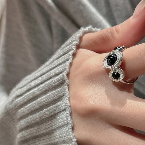 S925 Sterling Silver Adjustable Open Ring With Black Agate Geometric Vintage Minimalist Jewelry Finger Ring For Women Gift