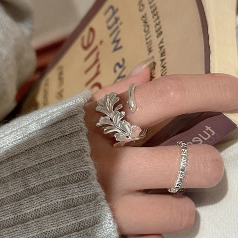 S925 Sterling Silber Blatt Zweig Offener Ring Für Damen Vintage Matt Finish Verstellbarer Fingerring Nischendesign Schmuck Geschenk