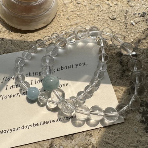 S925 Sterling Silver Aquamarine Clear Quartz Beaded Bracelet For Women Niche Design Korean Vintage Style Hand Jewelry