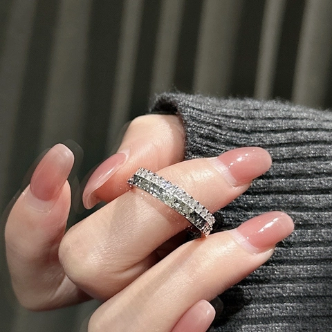 925 Sterling Silver Adjustable Open Ring With Micro Paved Zirconia Double Layer Hammered Texture Minimalist Korean Jewelry For Women