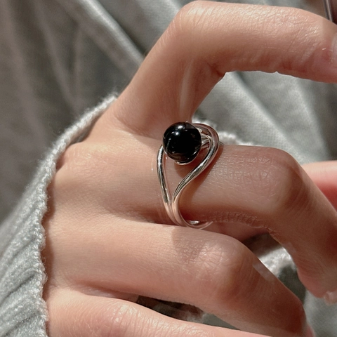 Minimalistischer 925 Sterlingsilber Offener Ring Für Damen Koreanischer Stil Schwarzer Onyx Perle Verstellbarer Fingerring Schmuck