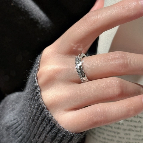 925 Sterling Silver Adjustable Open Ring With Micro Paved Zirconia Double Layer Hammered Texture Minimalist Korean Jewelry For Women