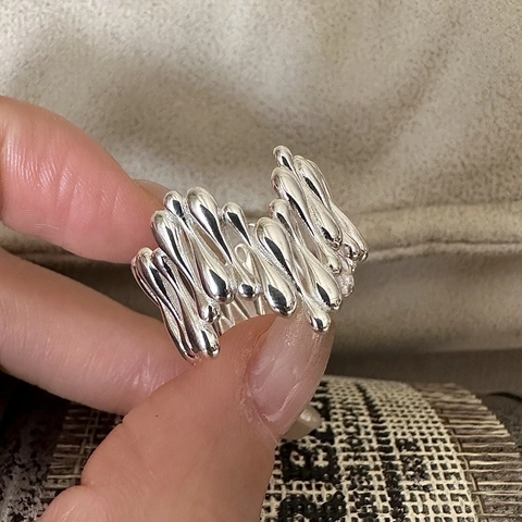 Anillo Abierto de Plata de Ley S925 Estilo Metal Líquido Gota de Agua Fundida Irregular Textura de Lava Ajustable Anillo de Dedo Minimalista Coreano