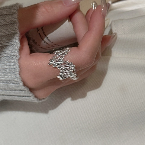 Anillo Abierto de Plata de Ley S925 Estilo Metal Líquido Gota de Agua Fundida Irregular Textura de Lava Ajustable Anillo de Dedo Minimalista Coreano