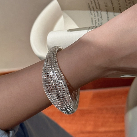 Vintage 925 Sterling Zilveren Holle Raster Armring Voor Dames Niche Ontwerp Geometrische Mesh Cuff Armband Retro Sieraden
