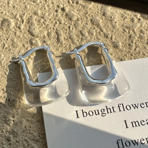 Boucles d'Oreilles Créoles en Forme de U en Argent Sterling 925 Minimalistes Avec Pendentif en Résine Transparente Style Géométrique Vintage