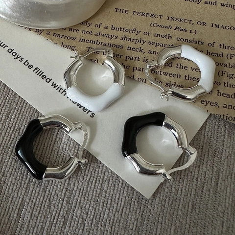 Vintage 925 Sterlingsilber Emaille Welle Creolen Minimalistisch Schwarz Weiß Geometrisch Glasur Ohrringe Für Damen Schmuck Geschenk