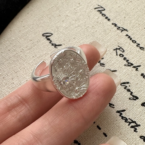 925 Sterling Silver Daisy Flower Opening Adjustable Ring For Women Retro Zirconia Floral Embossed Finger Ring Jewelry