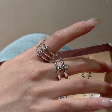 S925 Sterling Silver Minimalist Double Layer Open Ring For Women Vintage Geometric Spherical Adjustable Fashion Finger Ring Jewelry