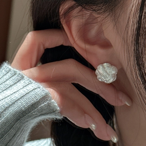 Orecchini a Bottone in Argento Sterling S925 per Donna Minimalista Trama Intrecciata Nodo Palla Geometrica Gioielli