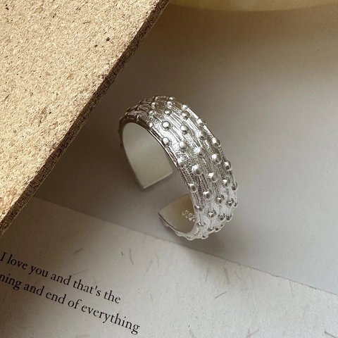 925 Sterling Zilveren Ring Voor Dames Gekorrelde Textuur Reliëfpatroon Minimalistische Vintage Stijl Verstelbare Ring