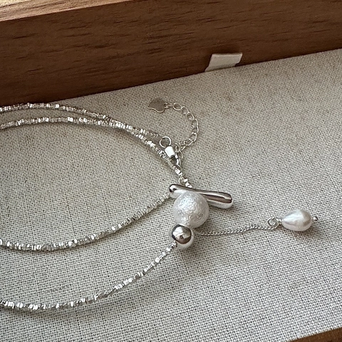 Collana con Nappina in Argento Sterling S925 Design di Nicchia Per Donna Catena a Frammenti Ciondolo Perla Artificiale