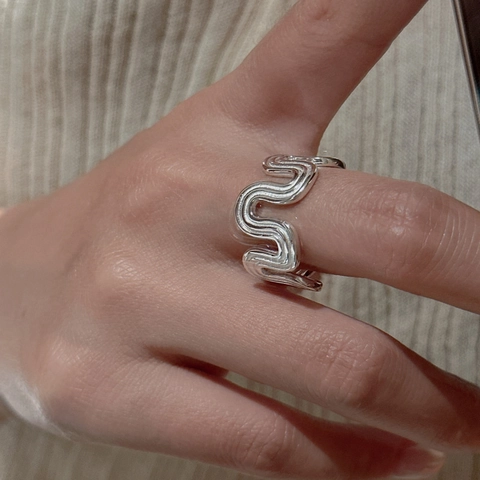 Anello Aperto a Onde in Argento Sterling S925 per Donna Stile Coreano Vintage Minimalista Texture Metallo Liquido Anello Regolabile Gioielli