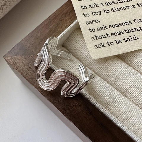 Anello Aperto a Onde in Argento Sterling S925 per Donna Stile Coreano Vintage Minimalista Texture Metallo Liquido Anello Regolabile Gioielli